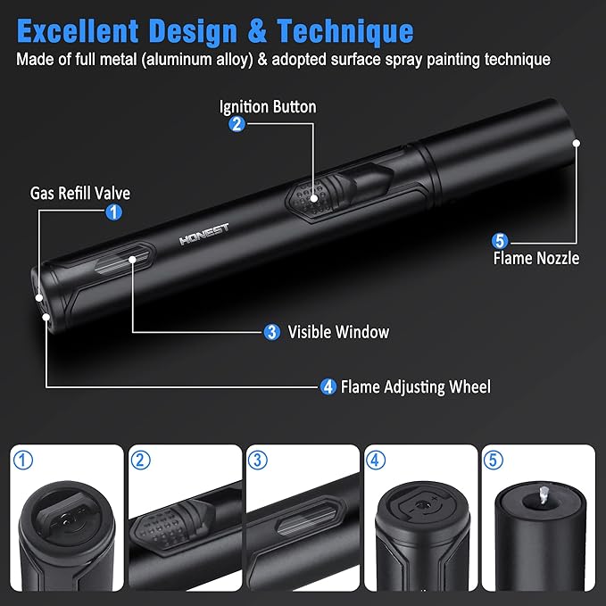 Butane Torch Lighter Refillable Torch Lighter 2 Pack Adjustable Jet Flame Butane Lighter Black 6-inch Pen Butane Lighter for BBQ Stove Grill Candle Camping 6-inch (Gas Not Included)