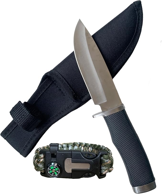 Hunting Knife with Sheath, Handmade Fixed Blade, Full Tang Knife, Non-Slip Red Wood Handle, Survival Tactical Knife, Camping Knife