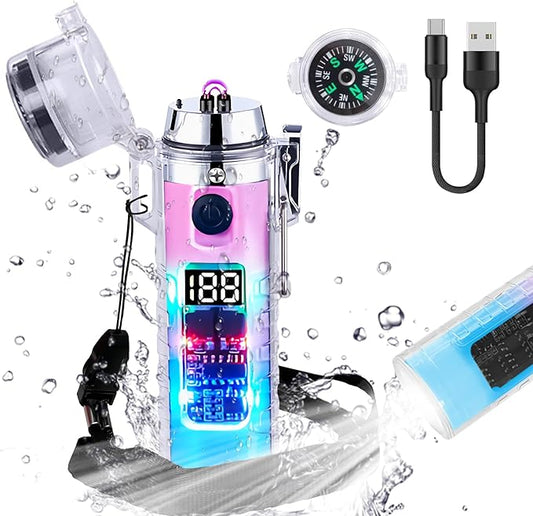 YOZWOO Rechargeable Lighter USB Lighter Double Arc Electric Lighter Plasma Lighter Waterproof Transparent Cool Lighter with Compass for Outdoor Adventure, Survival Tactical Gear(Pink Blue)