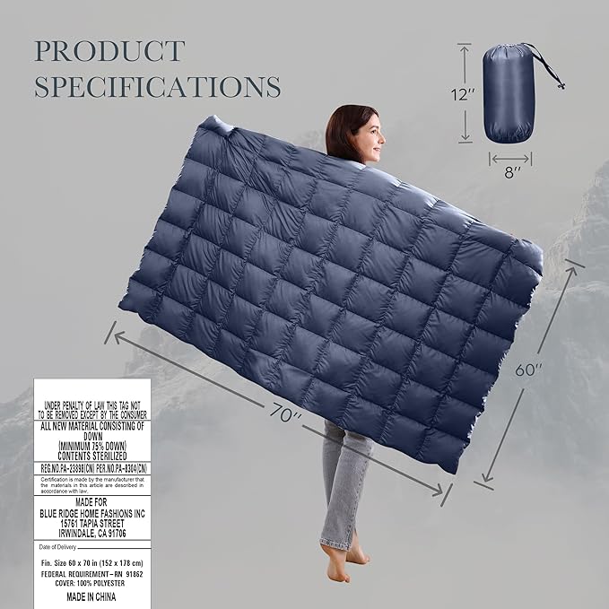 Blue Ridge Home Fashions Outdoor Down Throw Blanket for Camping Hiking - Packable Lightweight and Durable Blanket 60" x 70" with Carrying Pouch, 650 Fill Power Puffy Travel Picnic Beach Blanket