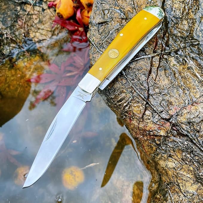 Watchman Trapper Pocket Knife – Dual Stainless Steel Blades Slip Joint Knife Folding Pocket Knife with Authentic bone handle scales (yellow)