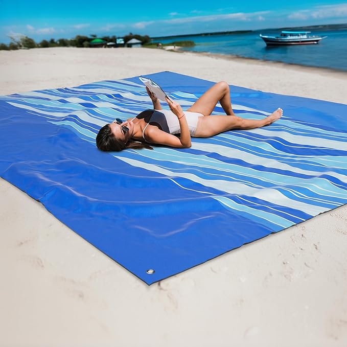 Mooreeke Beach Blanket Extra Large Oversized 9 x 10 ft, Blue Waves Sandproof Waterproof Quick Drying Lightweight Compact Outdoor Blanket Beach Mat for Family Travel Camping Picnic, 1-8 Adults