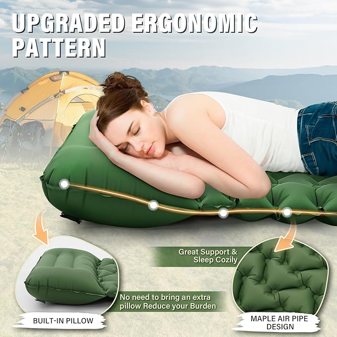 Sleeping Pad, 50D Inflatable Camping Mat with Pillow Built-in Foot Pump Sleeping Mat Waterproof Portable and Compact Camping Mattress for Backpacking Hiking Traveling Tent Air Mattress (Green)