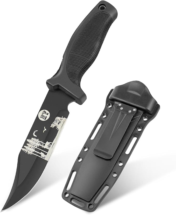 Fixed Blade Hunting Knife, Black High Hardness Plastic Handle with Sheath,Suitable for Hiking, Adventure, Survival and Collection (Black-forest)