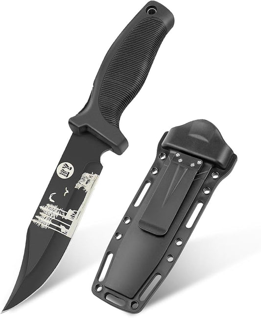 Fixed Blade Hunting Knife, Black High Hardness Plastic Handle with Sheath,Suitable for Hiking, Adventure, Survival and Collection (Black-forest)