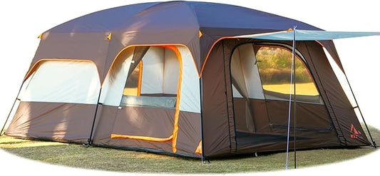 KTT Extra Large Tent 10-12-14 Person(A),Family Cabin Tents,2 Rooms,3 Doors and 3 Windows with Mesh,Straight Wall,Waterproof,Double Layer,Big Tent for Outdoor,Picnic,Camping,Family Gathering