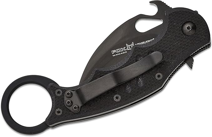 Fox Knives FX-599 G10 Black Emerson Wave Folding Karambit, Rapid One-Handed Deployment, Black Teflon Coating, Black Idroglider Blade Finish, Pocket Clip