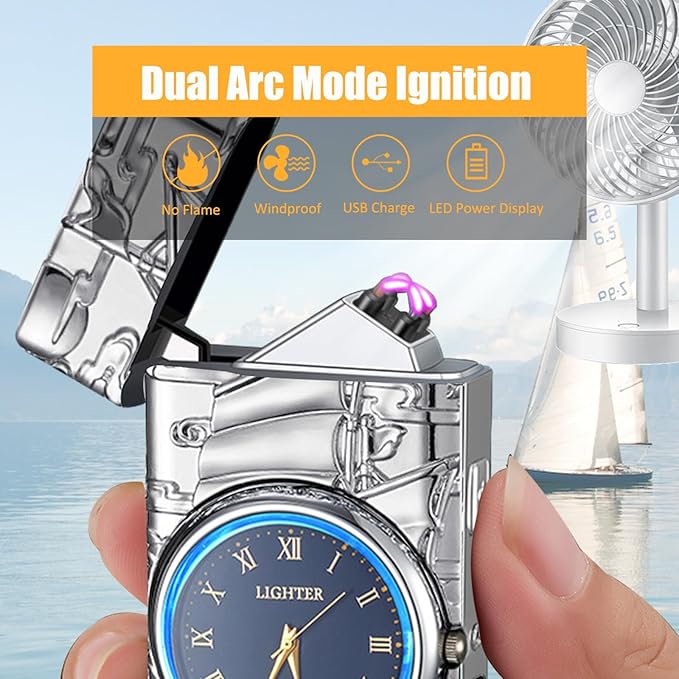 Cool Lighter with Clock Dial Electric Lighter with LED Power Display Plasma Lighter Windproof USB Rechargeable Lighter Gifts for Men Women (Sailboat-Silver)