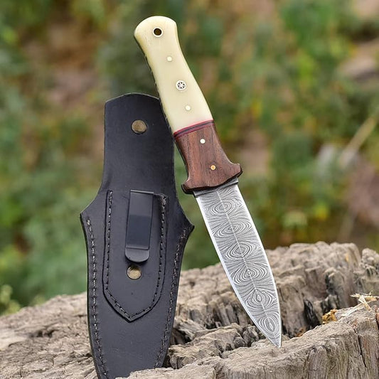 Handmade Hunting Double Edge Dagger Knife Damascus Steel Knife 8.75 Inches EDC Fixed Blade Boot Knife with Clip Leather Sheath G-508 (White Bone)