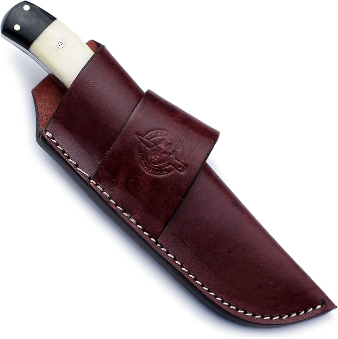 Handmade Damascus Steel Knife Bowie for Edc,Hunting,Survival,Camping,Bushcraft and Fishing-Fixed Blade with Drop point Blade Full Tang Bone Handle with Cowhide-Leather Sheath - WKD-774