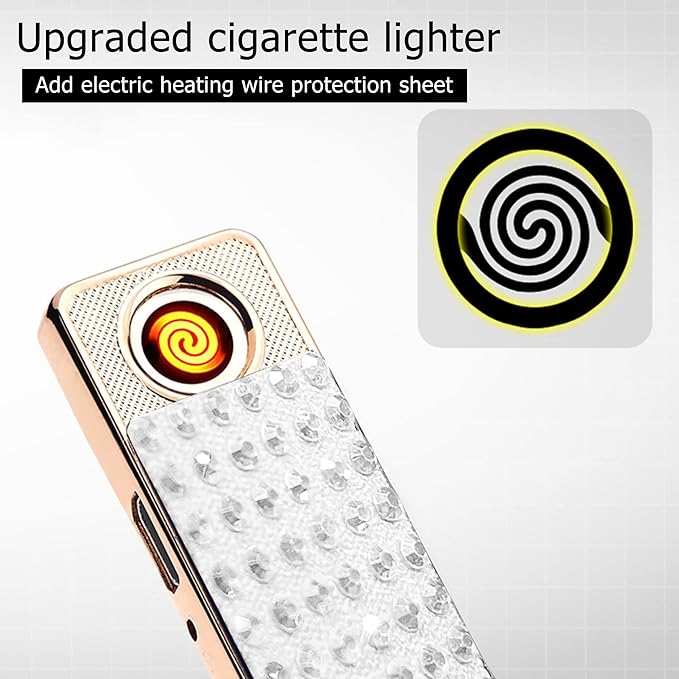 Rhinestone Lighter Electric Lighter Rechargeable Bling Glitter USB Lighter Flameless Girls Lighter for Women (White Sliver)