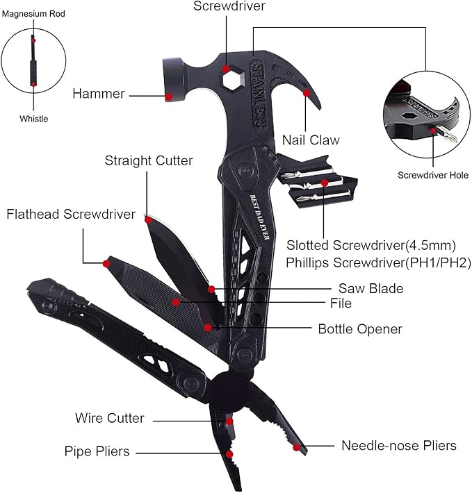 Gifts for Dad from Daughter Son,All in One Survival Tools Hammer Multitool Camping Accessories,Birthday Father's day Christmas Thanksgiving day Valentine's day Gift Ideas for Men Father Him,ATH-802