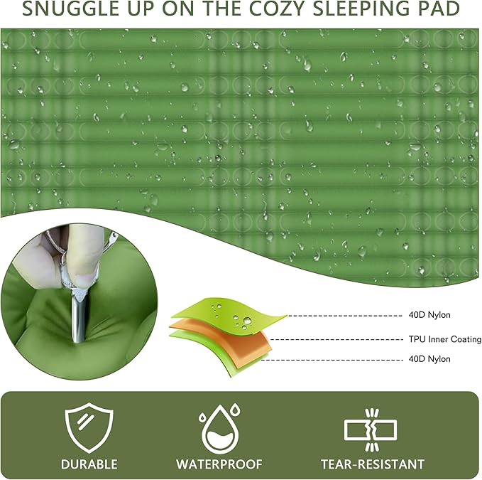 Double Sleeping Pad for 2 Person, Self Inflating Camping Mattress with Pillow, Portable Camping Bed Built-in Foot Pump for Backpacking, Hiking & Travel - Mat Carry Bag