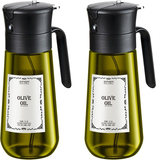 2 PCS Glass Olive Oil Dispenser for Kitchen, 2 In 1 Oil Dispenser Bottle & Oil Sprayer for Cooking, Auto Flip Cap, 17oz Black (Light Blockage)