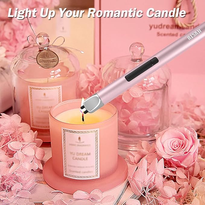 Candle Lighter, Electric Lighter Rechargeable USB Lighter, Arc Windproof Flameless Plasma Lighter Long Stick with Rope and Ring, No Butane Fluid, Perfect for Candle BBQ Camping Kitchen Stove, Pink