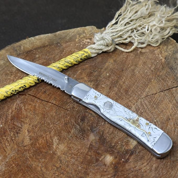 WHISKEY BENT HAT CO. Locking Trapper Folding Pocket Knife 4.125" Closed Length 440C Stainless Steel Blades (Toro - Serrated)