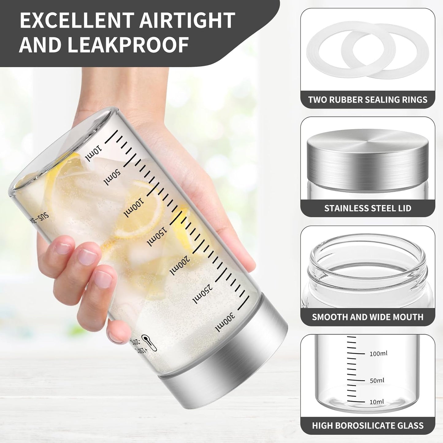 11 Oz Glass Juice Bottles with Lids, 4 Pack Glass Bottles, BPA Free, Borosilicate Glass, Leak Proof Lids for Juicing, Smoothies, Infused Water, Beverage Storage, Shaker Bottles