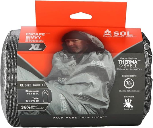 SOL Escape Bivvy with Hood - Emergency Preparedness Blanket - Reflects Up to 70% Body Heat - Outdoor Survival Bivvy - Water Resistant - Durable & Breathable - Winter Camping Supplies - XL, Gray