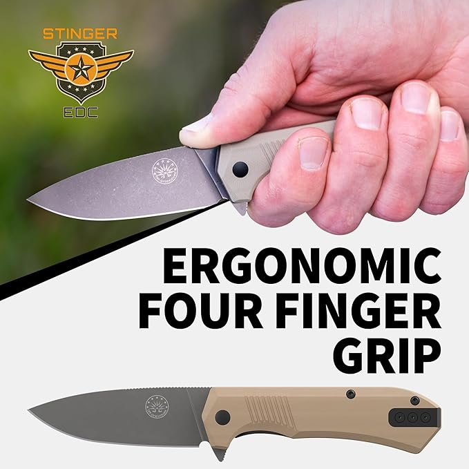 Off-Grid Knives - Stinger EDC Folding Knife with Drop Point Blade, Full Flat Grind, Crucible 154CM Steel, G10 Scales, Deep Carry Clip, Everyday Carry (Coyote)