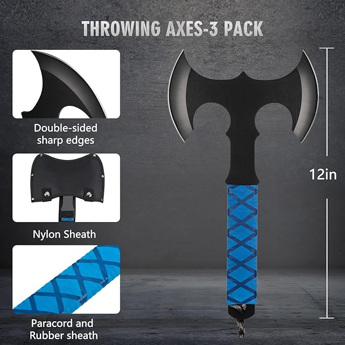 Throwing Axes and Tomahawks Double Sided Set,10 inch Full Tang Stainless Steel,Protective Nylon Sheath,Throwing Hatchet for Competition and Recreation,Throwing Axe 3 Pack