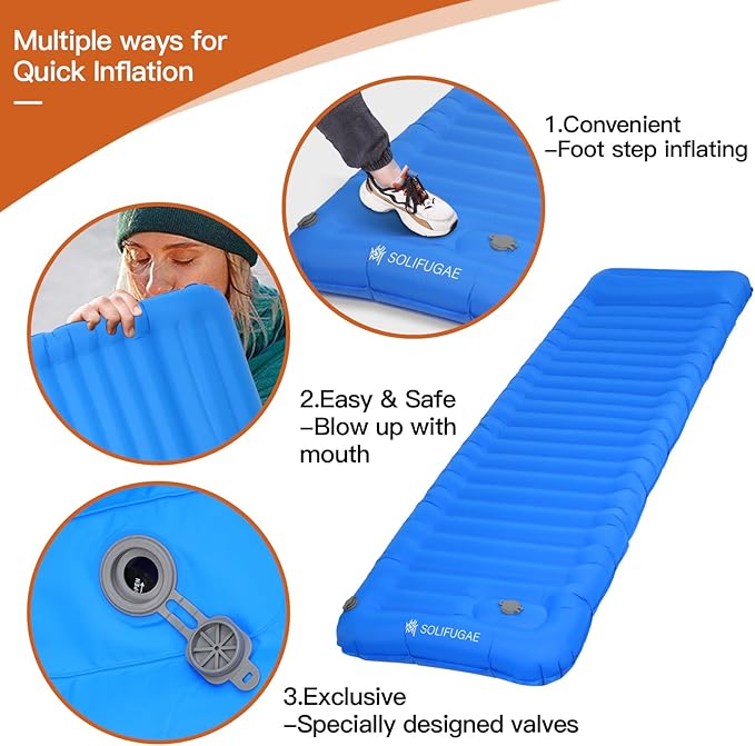 Self Inflating Camping Sleeping Mat, Widen & Thicken Camping Pad with Pillow, Lightweight Single Air Camping Bed Waterproof Wear-Resistant Outdoor Backpacking Hiking Travel (Blue)