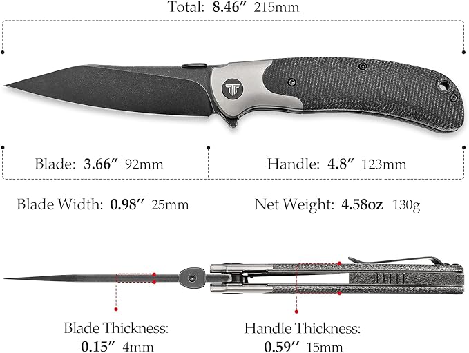 EDC Pocket Knife with Clip, Flipper Folding Knife,3.66" S35VN Steel PVD Blackwash Wharncliffe Blade,Ti Thumb Disk and Bolster &Micarta Scales for Camping Outdoor Hiking,UMa-04