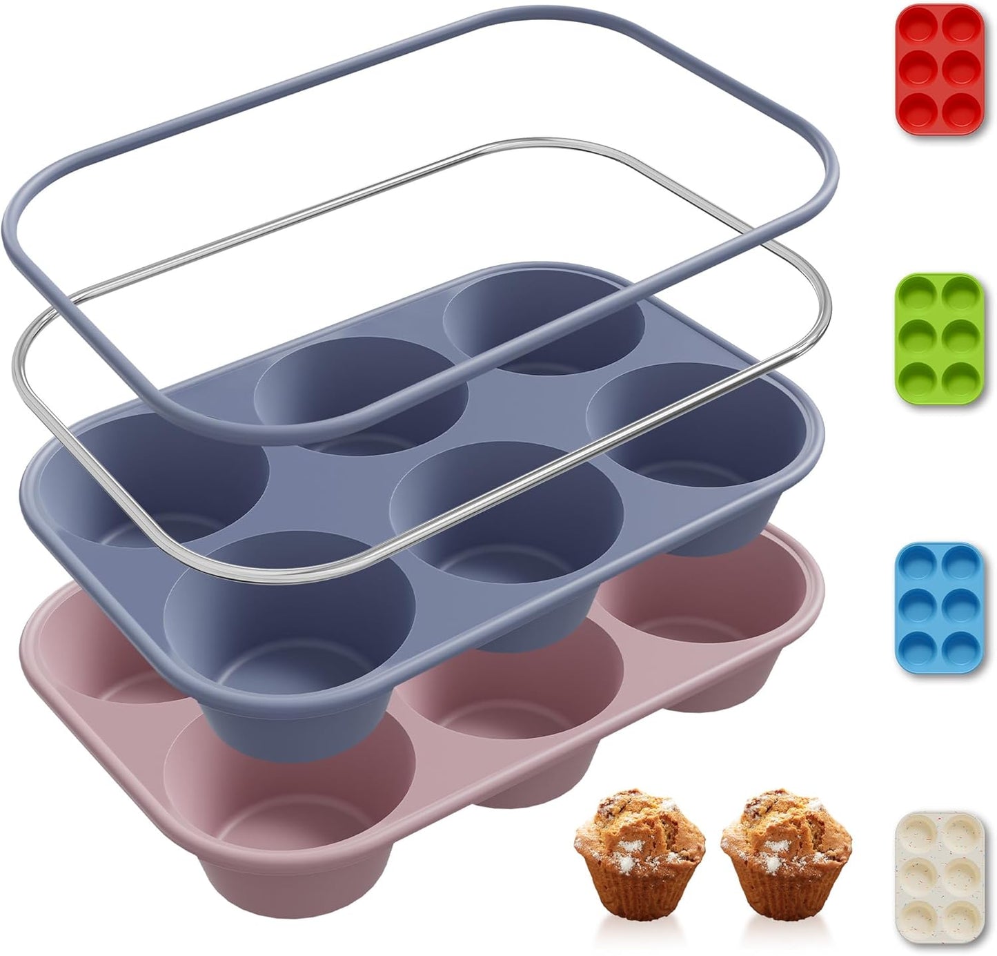 2 Pack 6 Cups Jumbo Muffin Pan with Metal Reinforced Frame Silicone Molds Egg Bites Silicone Circle Cookie Molds Extra Large Muffin Tin Jumbo Tart Pans Baking Sheet Set for Sandwiches