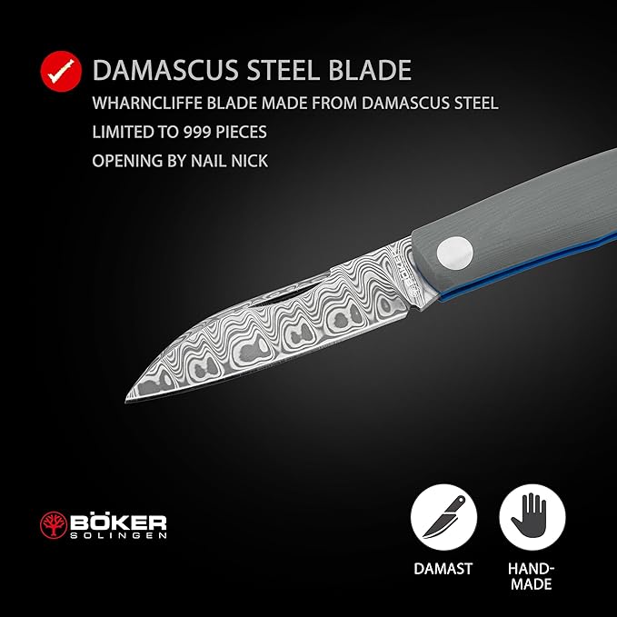 Boker Solingen® Damascus Annual Knife 2023 - Folding knife - EXCELLENT Collectors Knife with G10 handle gray-blue -Pocket knife - Limited Edition knife with slipjoint