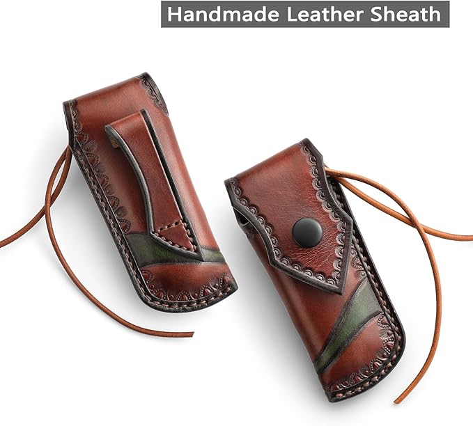 Damascus Folding Knife with Leather Sheath,3.2'' Blade Green Bone Handle Handmade Traditional Pocket Knives for Men Hunting EDC, Puppis-02G