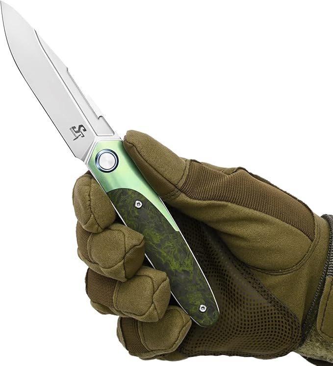 Sitivien ST992 Folding Pocket Knife,Handmade M390 Pearlescent Brushed Steel Blade,Titanium Carbon Fiber Handle EDC Tool Knife for Outdoor Camping,Hiking,Survival,Hunting(Green) … … …