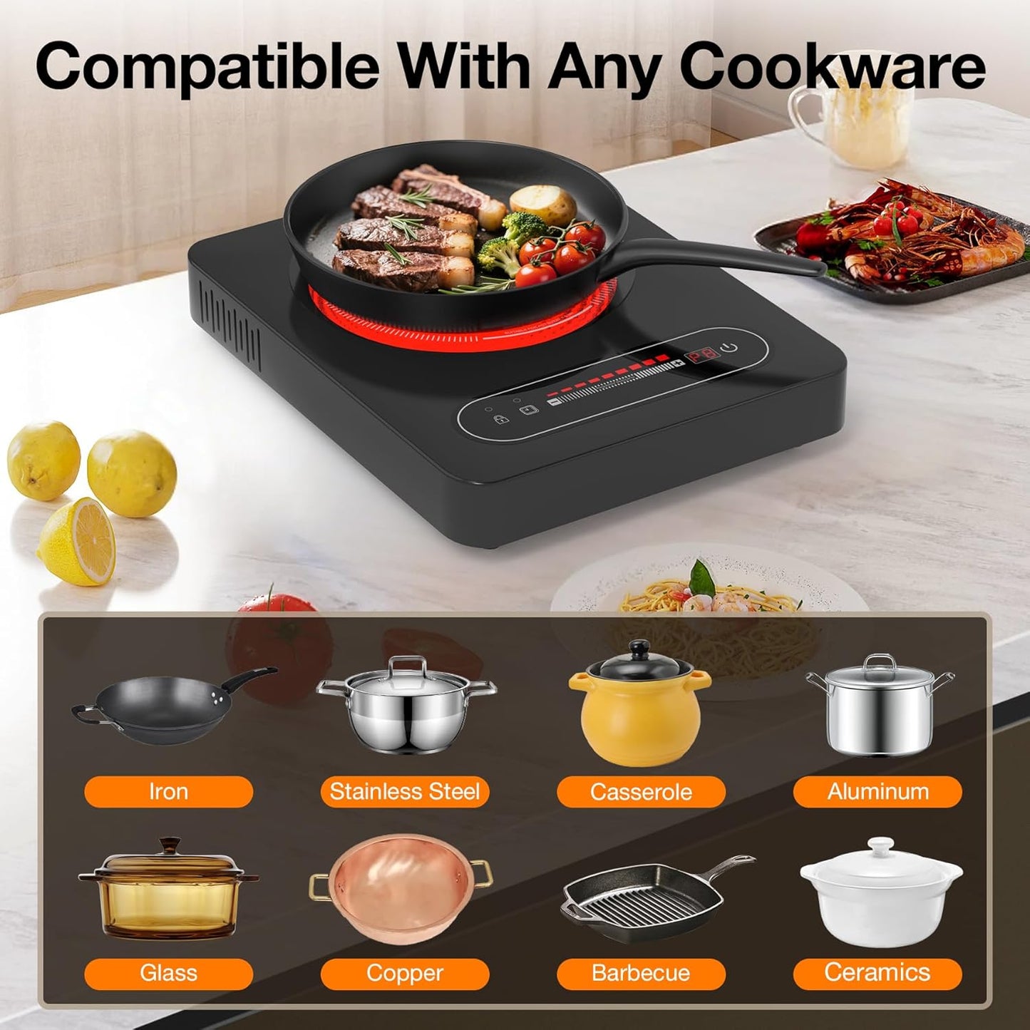 1800W Single Electric Stove: 14 Inch Electric Burner for Cooking - 110-120V Cooktop with Child Lock, Countertop Stove Compatible with All Cookware, 8 Power Levels, Timer