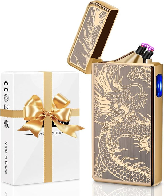 LcFun Electric USB Rechargeable Lighter, Windproof Plasma Dual Arc Lighter, Electronic Flameless Cool Lighters Gifts for Men Fathers Husband (Gold Dragon)