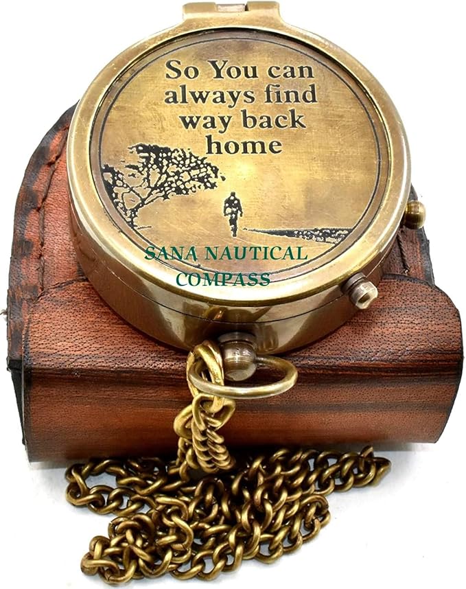 So You Can Always Find Your Way Back Home Compass Brass Pocket Compass, Nautical Compass with Leather Case, Pocket Compass for Hiking, Survival Instrument, Baptism, Christian, Graduation Gifts