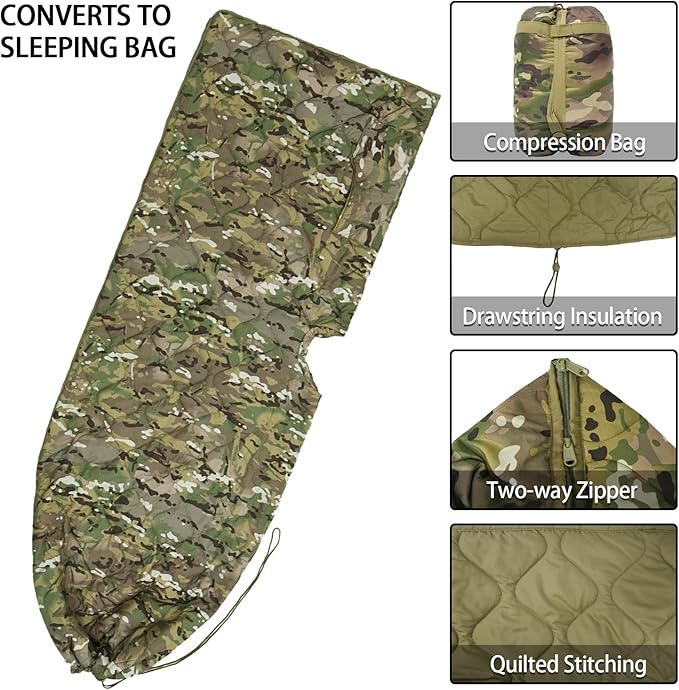 Poncho Liner Hoodie with Pocket Insulated Military Woobie Sleeping Bag Waterproof for Outdoor Camping Travel Survival Hunting Car Emergency