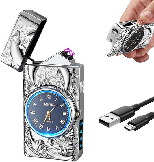 Electric Lighter Rechargeable USB Lighter Dual Arc Plasma Lighter Windproof Cool Candle Lighter with LED Battery Indicator for Candles, Fireworks, Incense (Silver Dolphin)