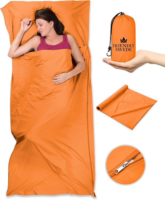 The Friendly Swede Sleeping Bag Liner - Cold Weather Camping Sheets & Adult Sleep Sack with Full Length Zipper; Microfiber Soft Travel Sheets for Hotel with Stuff Sack - Orange (Zipper)
