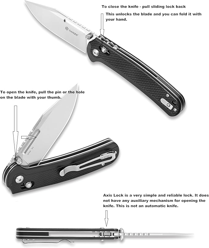 Ganzo G768-BK EDC Folding Pocket Knife Razor Sharp D2 Stainless Steel Blade G10 Handle with Clip Outdoor Foldable Not Automatic Knife Hunting Fishing Hiking Gear Best Gift for Men (Black)