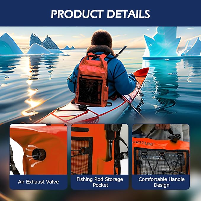 Goture Dry Bag Waterproof Backpack,20L Fishing Tackle Bag with Rod Holder,Padded Shoulder Straps and Air Exhaust Valve,500D PVC Dry Sack Bag with Phone Case for Kayaking,Boating,Fishing,Travel