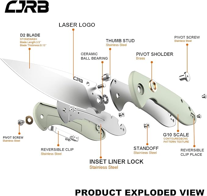 CJRB Folding Knife Feldspar Pocket Stonewash D2 Steel Blade G10 Tactical Handle EDC Knife Green-Large (J1912)