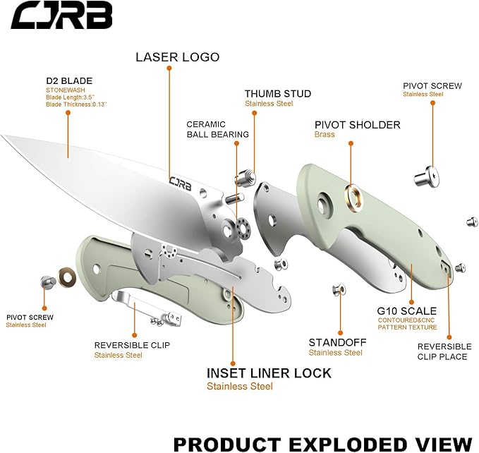 CJRB CUTLERY Folding Knife Feldspar Pocket Folding Knife Stonewash D2 Steel Blade G10 Tactical Handle EDC Knife Green (J1912)