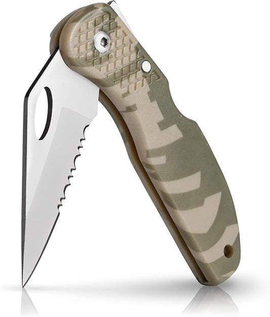 Maxam Lockback 7 (Open) Inch Pocket Knife - Stainless Steel Helf Serrated Blade, Textured No-Slip Handle, Carry Clip, Camo