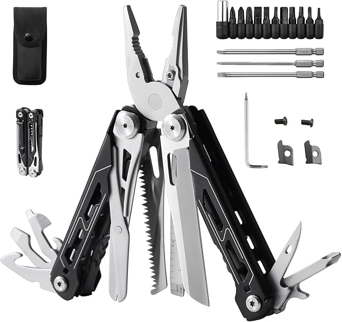 Multitool Pliers, Premium Multi Tool Pliers Pocket Knife Scissors Replaceable Wire Cutter Screwdriver, Foldable Multitools Knife with Clip Safety Locking for Camping Hiking Survival Gifts Men
