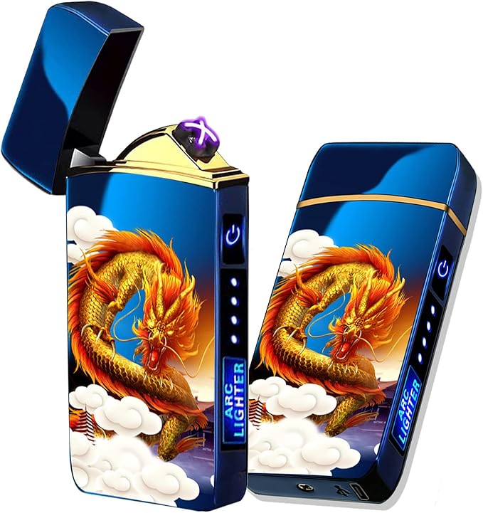 Arc Lighter, Smart Electric USB Rechargeable Lighter Windproof Flameless Lightweight Plasma for Fire,BBQs,Fireworks,Candle,Camping - Outdoors Indoors (T3-Blue Printed Dragon)