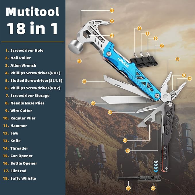 Replaceable Wire Cutter Hammer Multitool with Nylon Sheath for Outdoor,Camping,Survival,Hiking,17 In 1 Pocket Multi Tool with Spring-Action Plier,Knife,Flint Rod,Safty Whistle for Gift