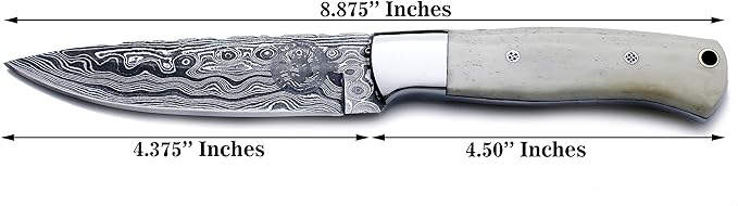 Handmade Damascus Steel Fixed Blade Knife Bowie for EDC,Hunting,Survival,Camping,Bushcraft,and Fishing with Drop Point Full Tang Bone Handel with Cowhide-Leather Sheath-WKD-789