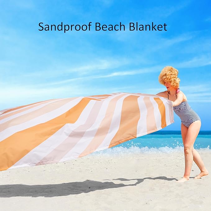 Beach Blanket Waterproof Sandproof Oversized, 9 Ft X 10 Ft Extra Large Beach Mat Sand Free Waterproof for 8 Adult, Lightweight & Compact Polyester Picnic Blankets w/Stakes & Corner Pockets-Boho Sun