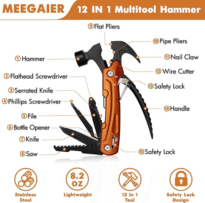 Hammer Multitool, Cool Gadgets Multi Tool with Gift Box Carrying Case Birthday Stocking Stuffers Father's Day Valentines Day Gifts for Men Husband Him Camping Accessories(Orange)