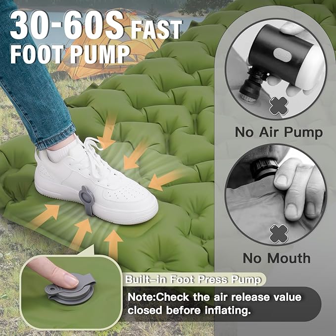 Camping Sleeping Pad 50D Ultralight Inflatable Camping Mat with Pillow Built-in Foot Pump Sleeping Mattress Waterproof Lightweight and Compact Camping Mattress for Backpacking Hiking Traveling Tent