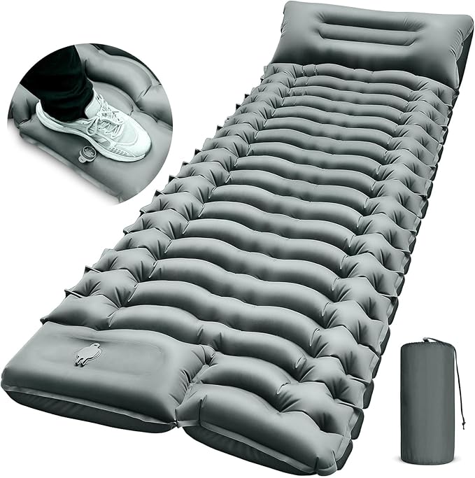 Camping Sleeping Pad, Ultralight Camping Mat with Pillow Built-in Foot Pump Inflatable Sleeping Pads Compact for Camping Backpacking Hiking Traveling - Gray