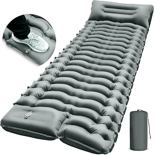 Camping Sleeping Pad, Ultralight Camping Mat with Pillow Built-in Foot Pump Inflatable Sleeping Pads Compact for Camping Backpacking Hiking Traveling - Gray